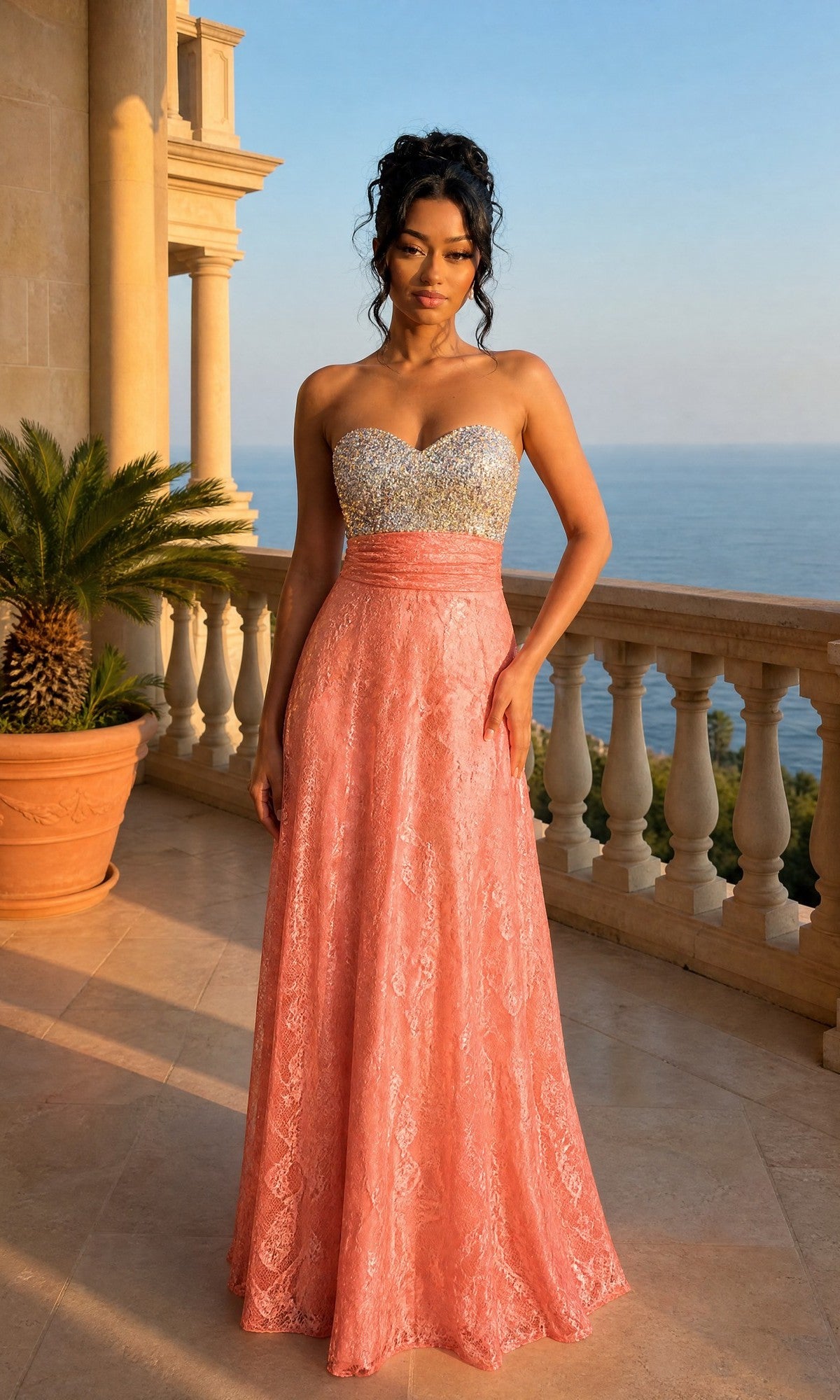 A woman stands on a terrace overlooking the sea, wearing the Full Length Sweetheart Open Back Lace Gown in Hot Coral.